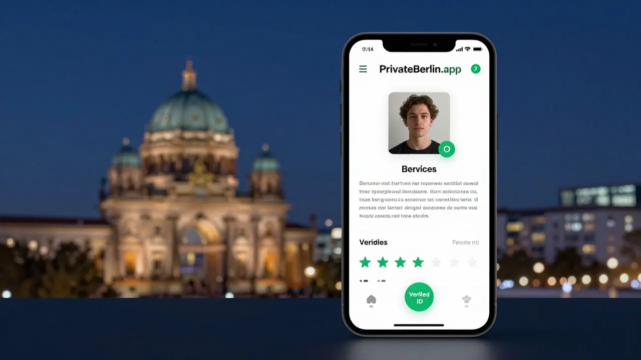 A verified escort profile on a smartphone app with real photo and client reviews.
