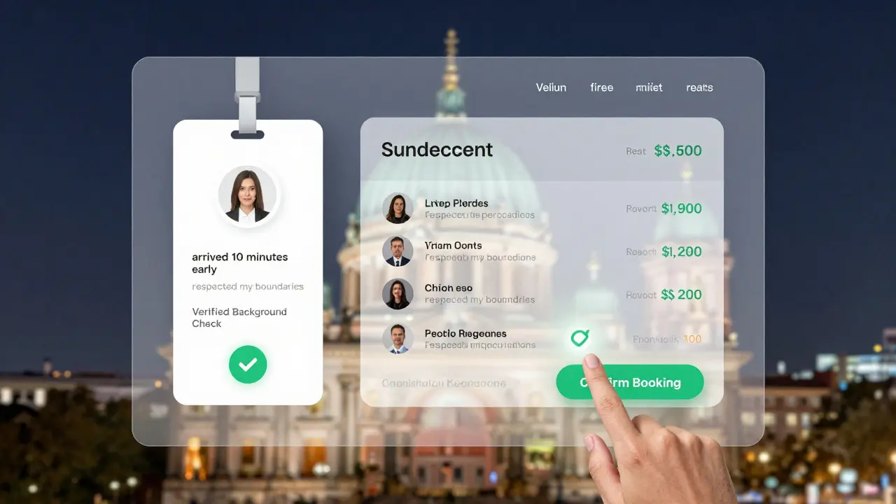 A verified escort service platform interface showing ID badges, real reviews, transparent pricing, and a green checkmark for background verification.