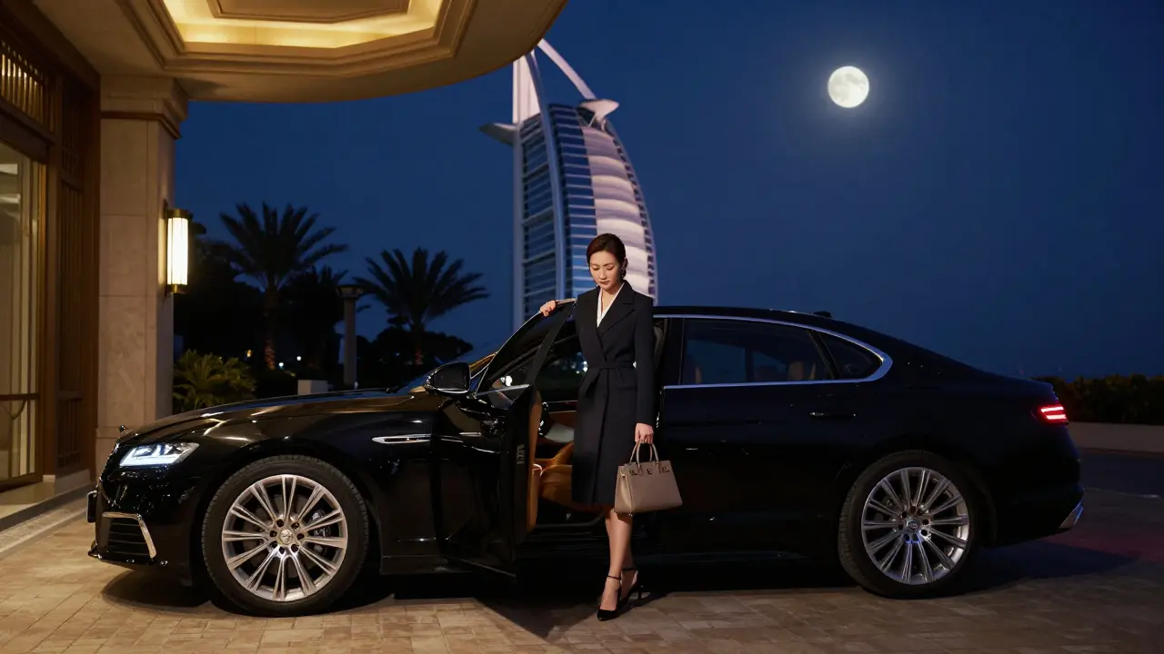 A woman steps out of a black luxury car at a high-end hotel entrance under moonlight, no faces shown.