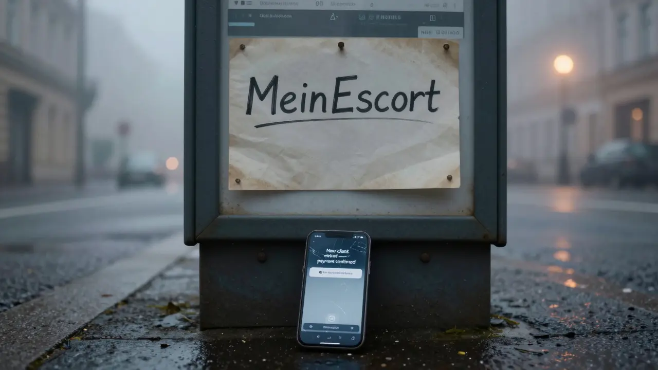 An abandoned Berlin street corner at dawn with an old escort notice and a cracked smartphone showing a payment confirmation.