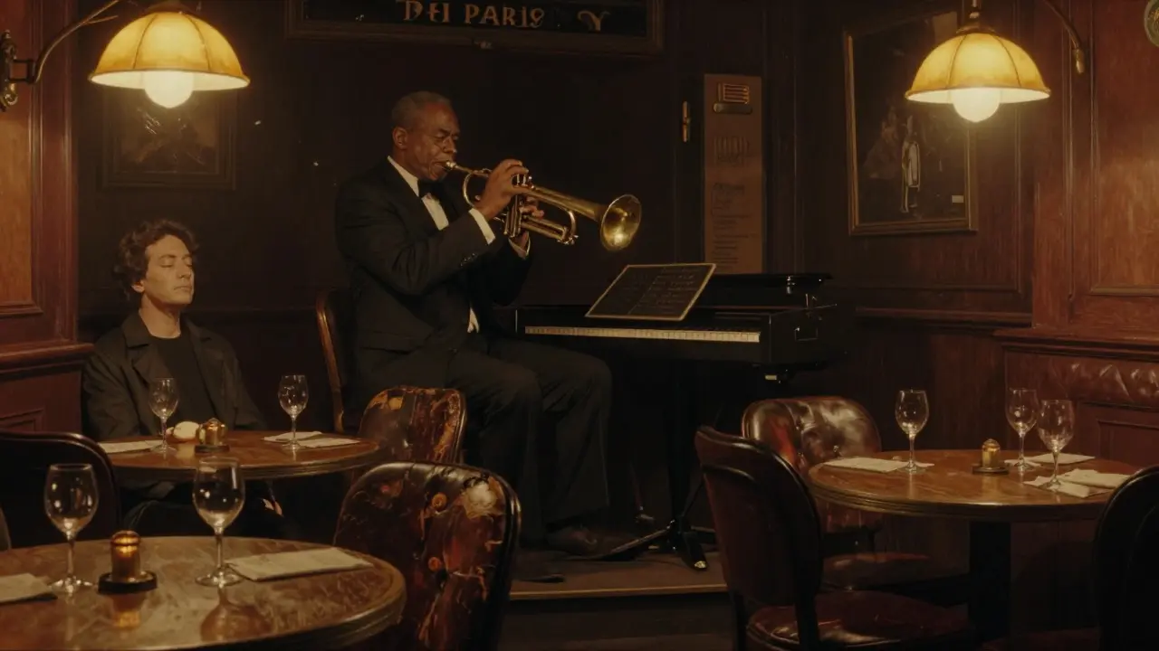An elderly jazz musician playing trumpet in a cozy, dimly lit bar with vintage decor.