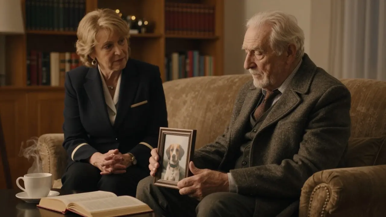 An elderly man holds a photo of his dog as an escort listens gently in a softly lit living room.