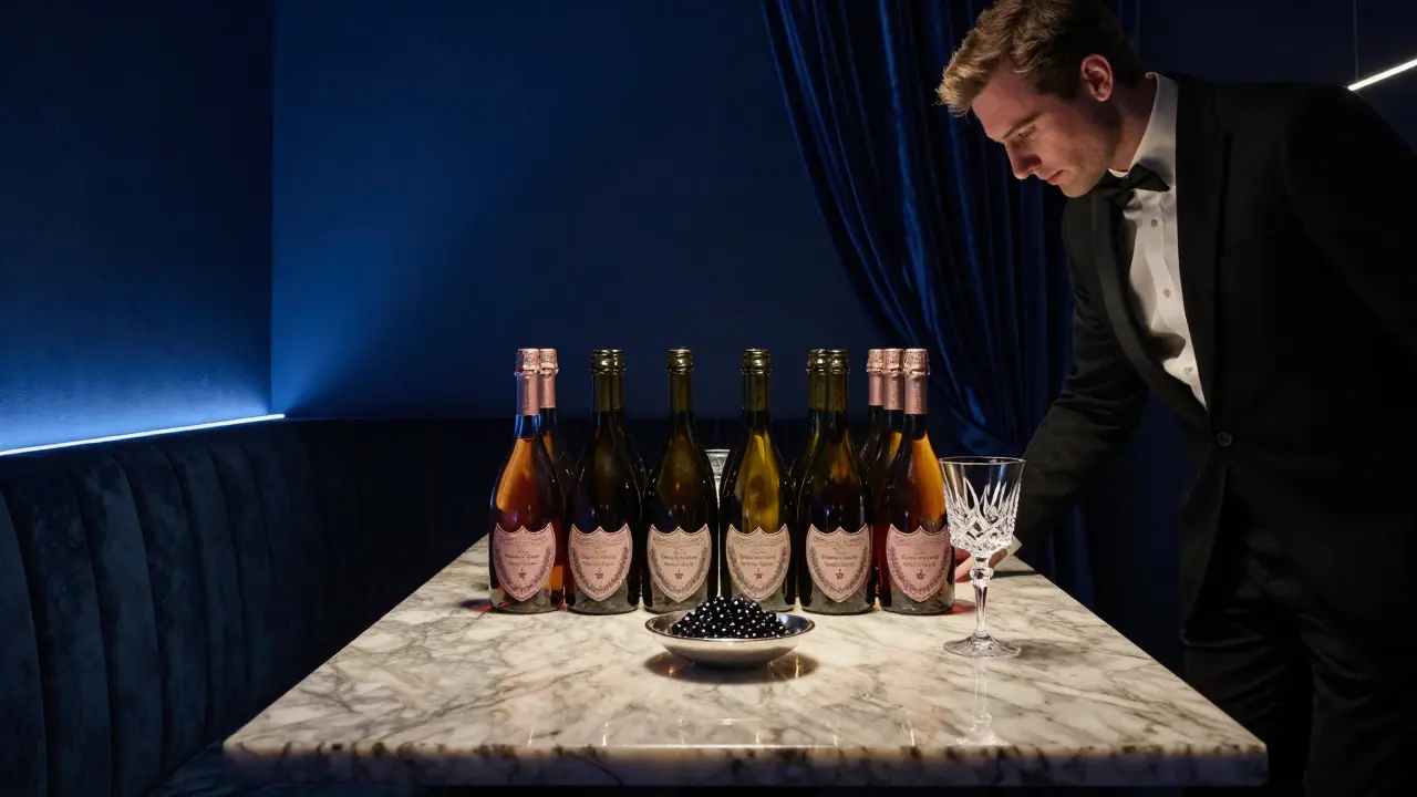 An exclusive private booth at Cote 34 with chilled champagne bottles and caviar under soft blue lighting, no people visible.