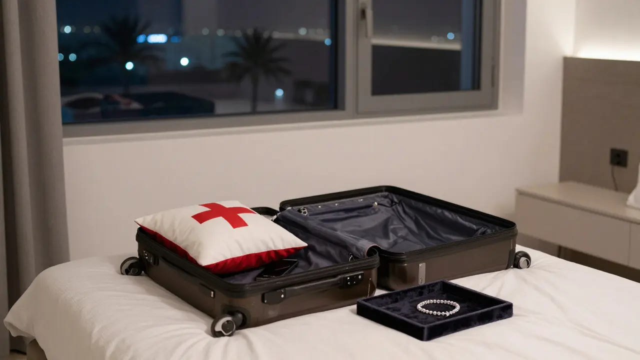 An open suitcase with a Swiss pillow and unclaimed diamond bracelet on a velvet tray in a quiet hotel room.