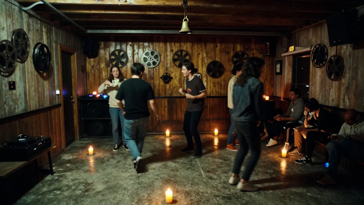 An underground club in Kadıköy with film reels on the walls and people dancing to ambient music under candlelight.