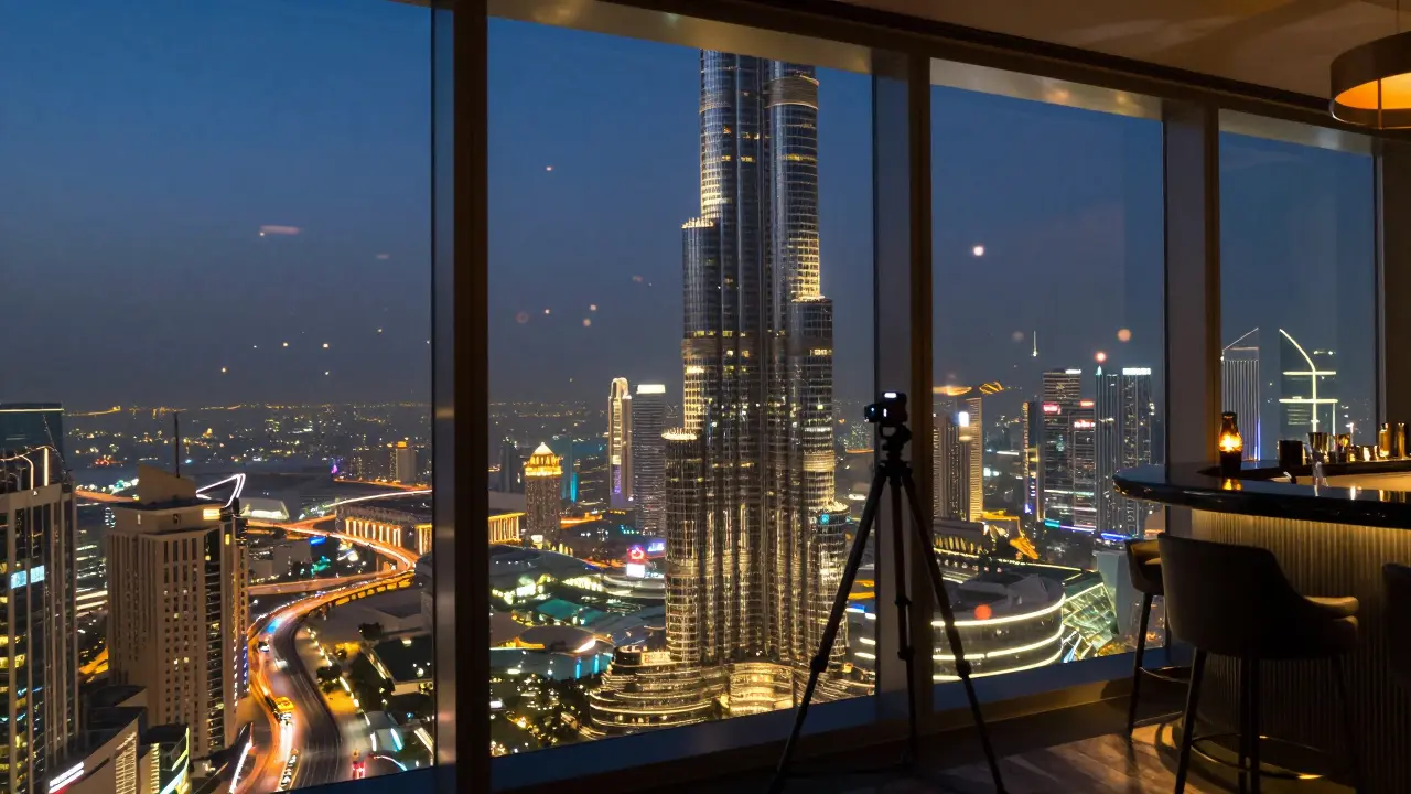 Atmosphere bar on Burj Khalifa 122nd floor with city lights through windows.