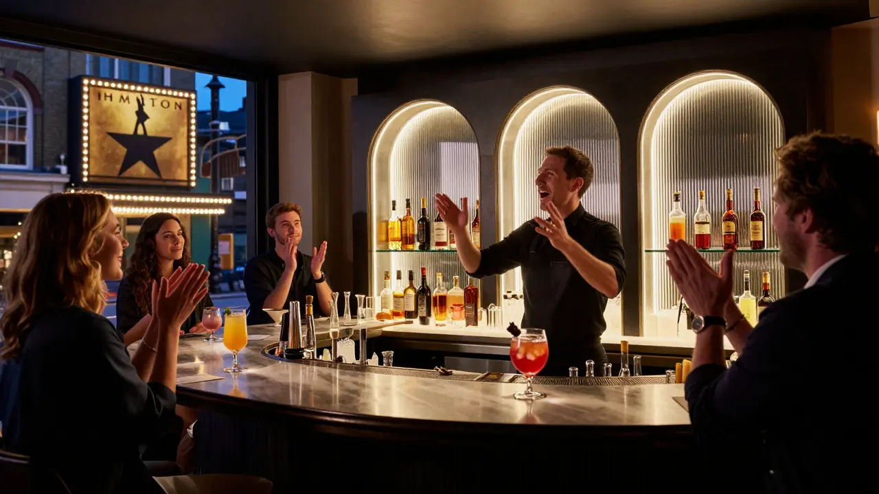 Cocktails served in proscenium-shaped glasses at a themed bar, with a theatre marquee visible through the window.
