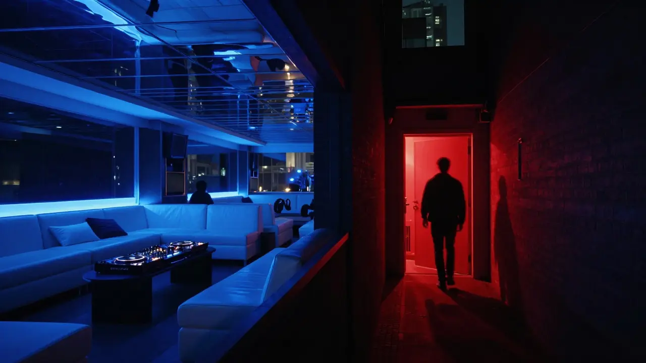 Contrasting nightlife venues: upscale L’Hélios and hidden underground club Le Blue at midnight.