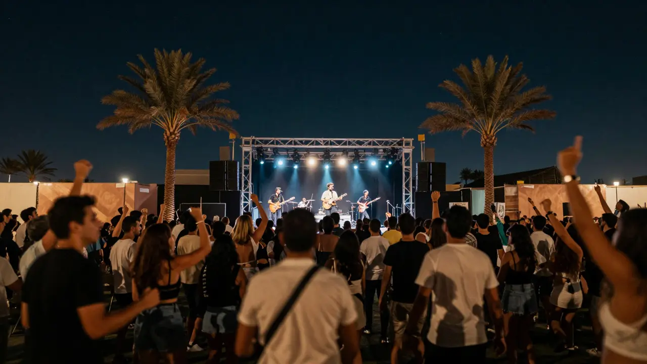 Crowd at Zayed Sports City amphitheater enjoying live band under stars, palm trees silhouette.