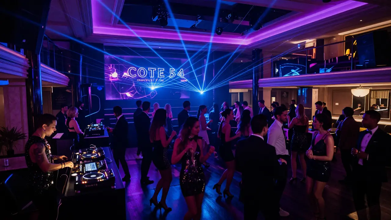 Crowd dancing at Cote 54 nightclub with neon lights and DJ setup