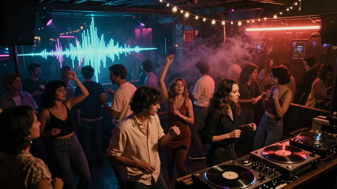 Crowd dancing energetically in a dim nightclub with neon lights and vinyl DJ setup.