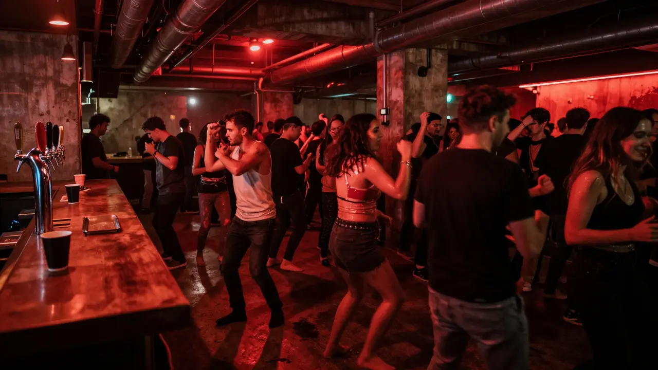 Crowd dancing fiercely in a raw industrial warehouse club with exposed pipes and red neon lighting.