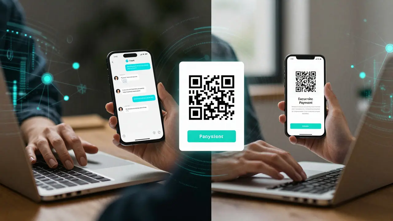 Digital collage of a woman using a chatbot and payment system, with encrypted signals and blockchain elements in the background.