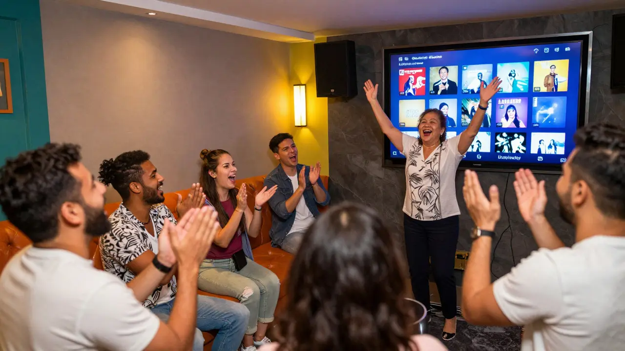 Diverse group cheering as an elderly woman sings on stage at a lively karaoke bar in Dubai.