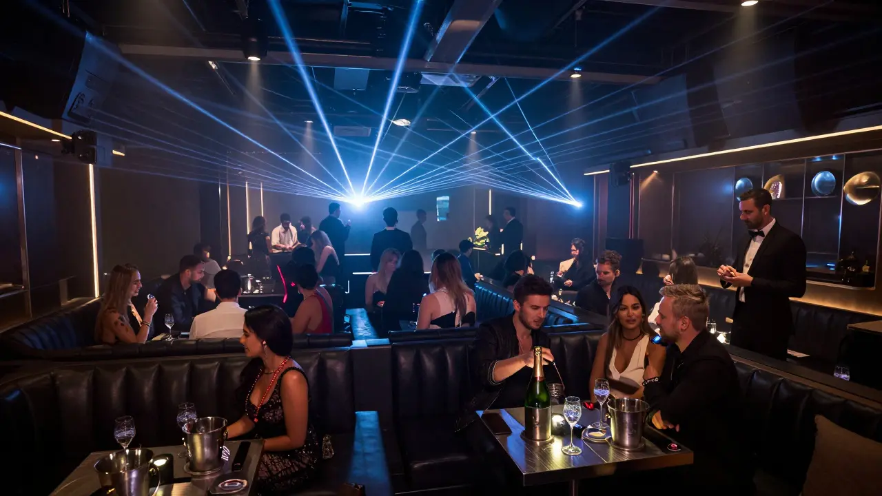 Energetic nightclub with laser lights, dancing crowd, and VIP tables under pulsing neon.