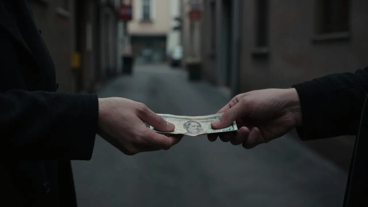 Hands exchanging cash in dark alley, no faces visible.