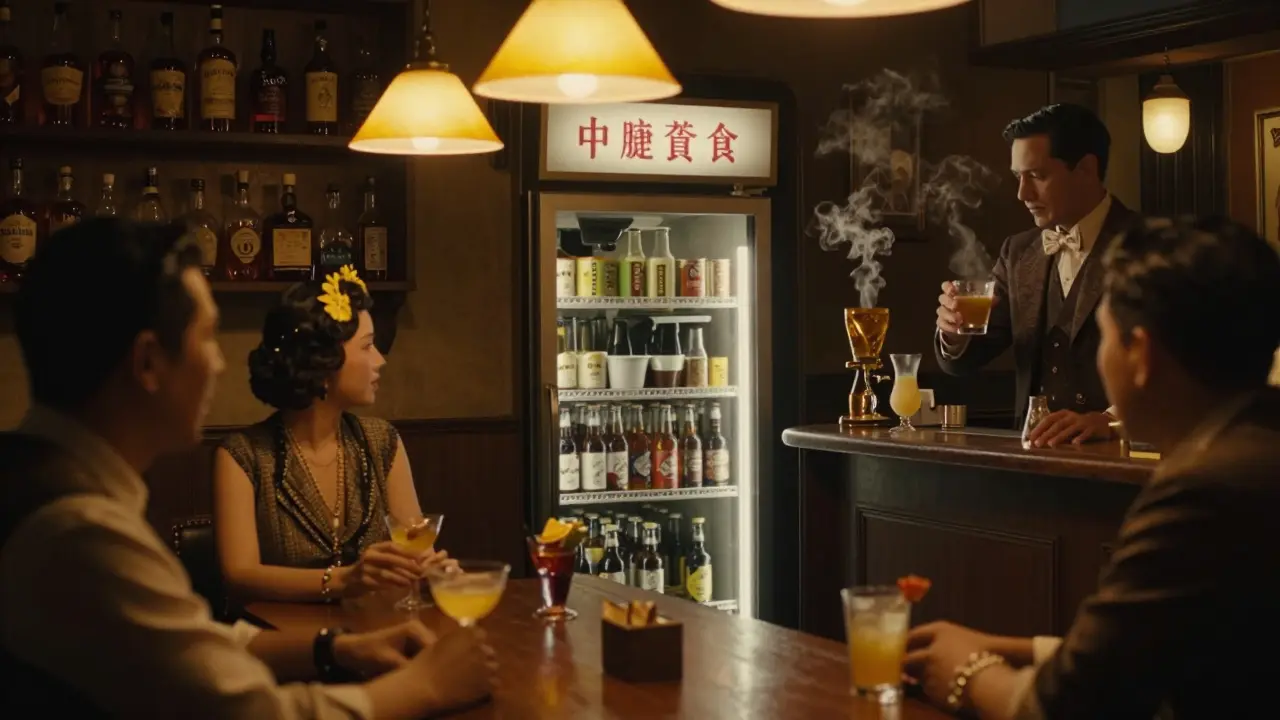 Hidden speakeasy bar behind a fridge door in a Chinese takeaway, dimly lit with whiskey bottles.