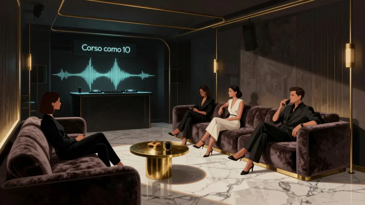 Interior of Corso Como 10 nightclub with stylish patrons on velvet couches under dim lights.