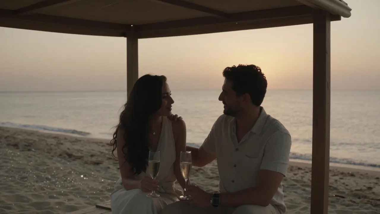 Man and woman on a quiet beach cabana at sunset, hand resting on arm, champagne flute between them as waves whisper nearby.