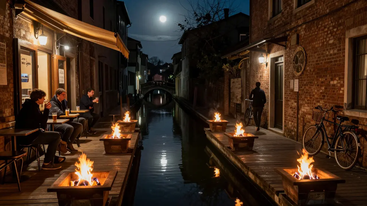 Nighttime canal scene in Navigli with fire pits, craft beer, and a tiny unmarked bar called La Soffitta.