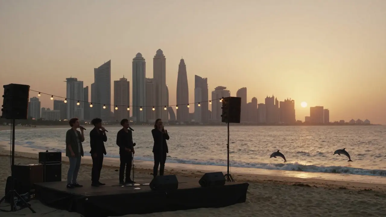 Open-air karaoke stage at sunset in Dubai with string lights, waves, and skyline in background.