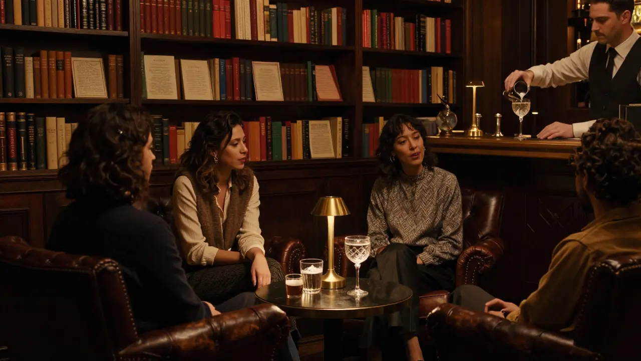 Patrons in a dim speakeasy surrounded by old play scripts, enjoying quiet conversation after a performance.