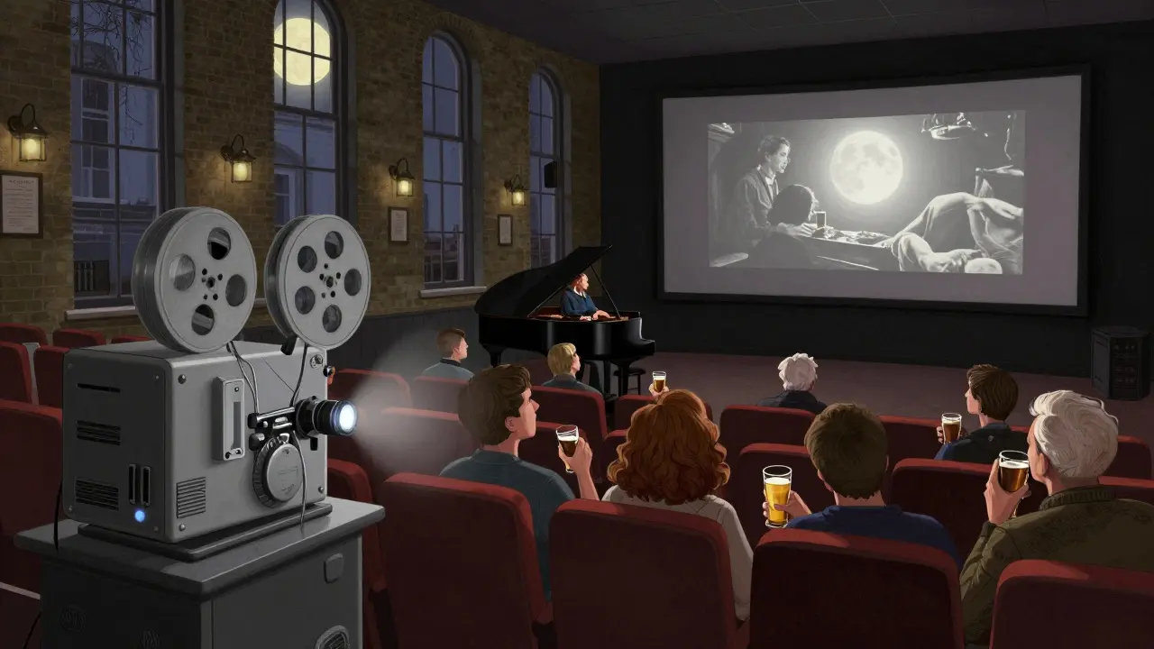 Patrons watching a silent film with live piano accompaniment at The Screen on the Green pub cinema.