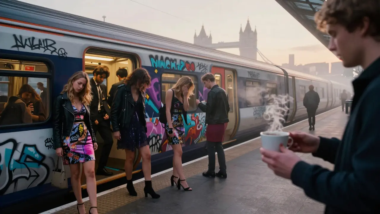 People arriving at London Bridge Station at dawn after a night out, bathed in soft morning light.