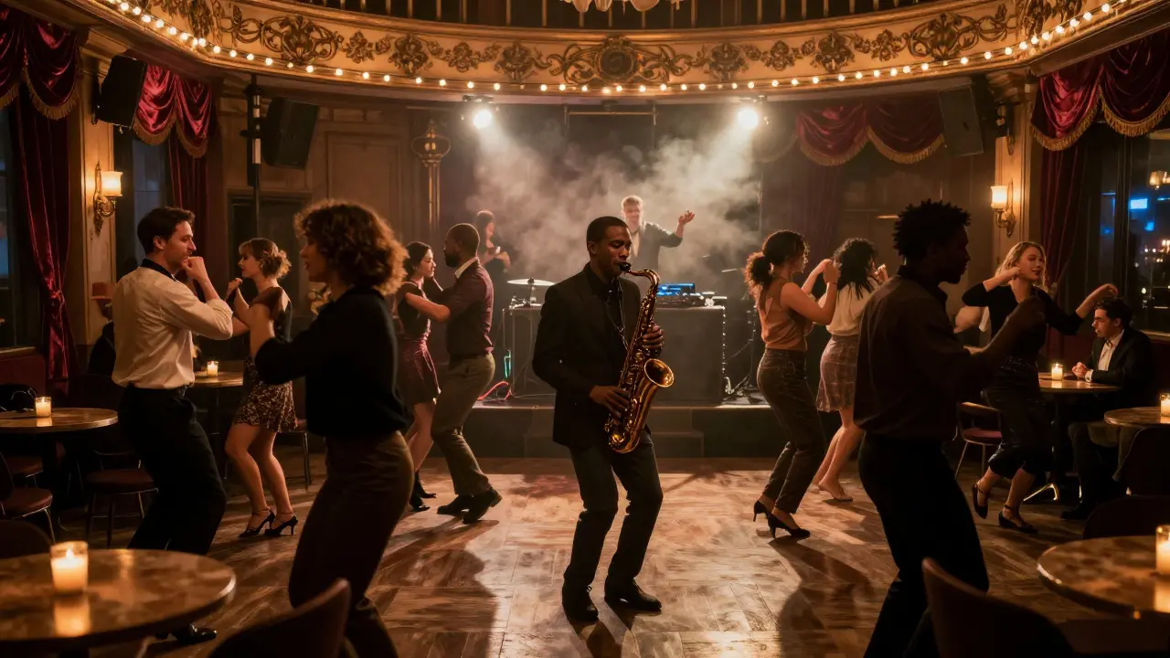 People dancing to live jazz and Afrobeat in a cozy, smoky theater with soft amber lights and velvet curtains.