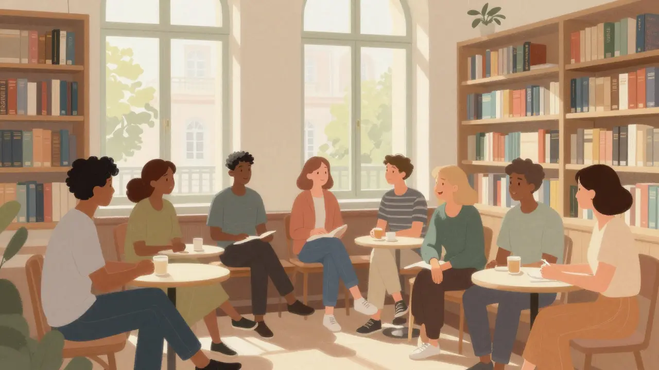 People socializing at American Library in Paris with books.