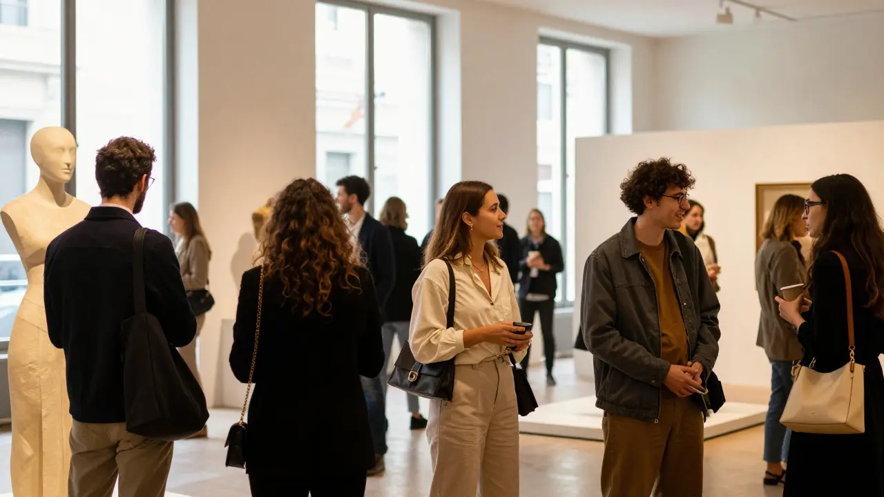 People socializing at Milan Design Week in art gallery.