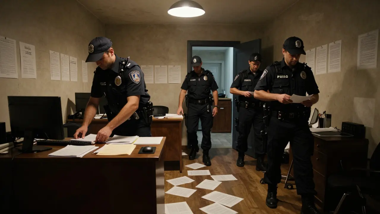 Police raid on agency office in Paris, officers seizing documents.