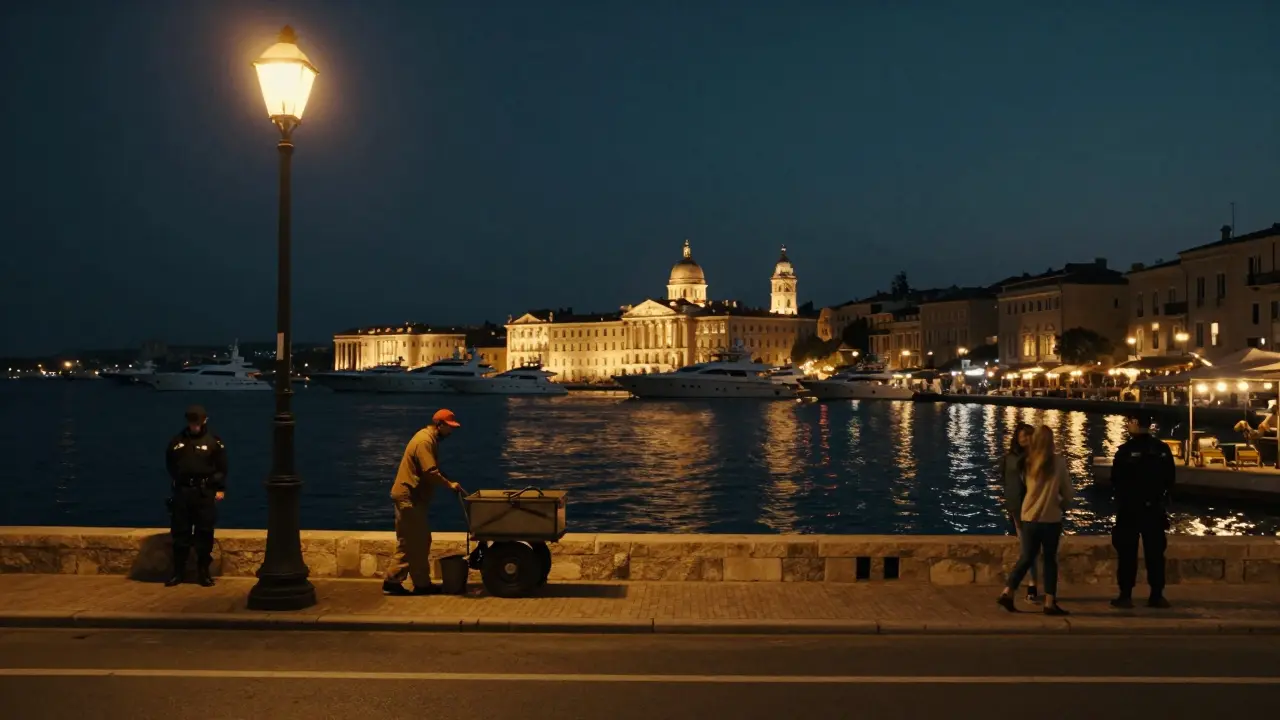 Quiet Port Hercule at dawn, lit yachts and lone street cleaner under soft streetlights.