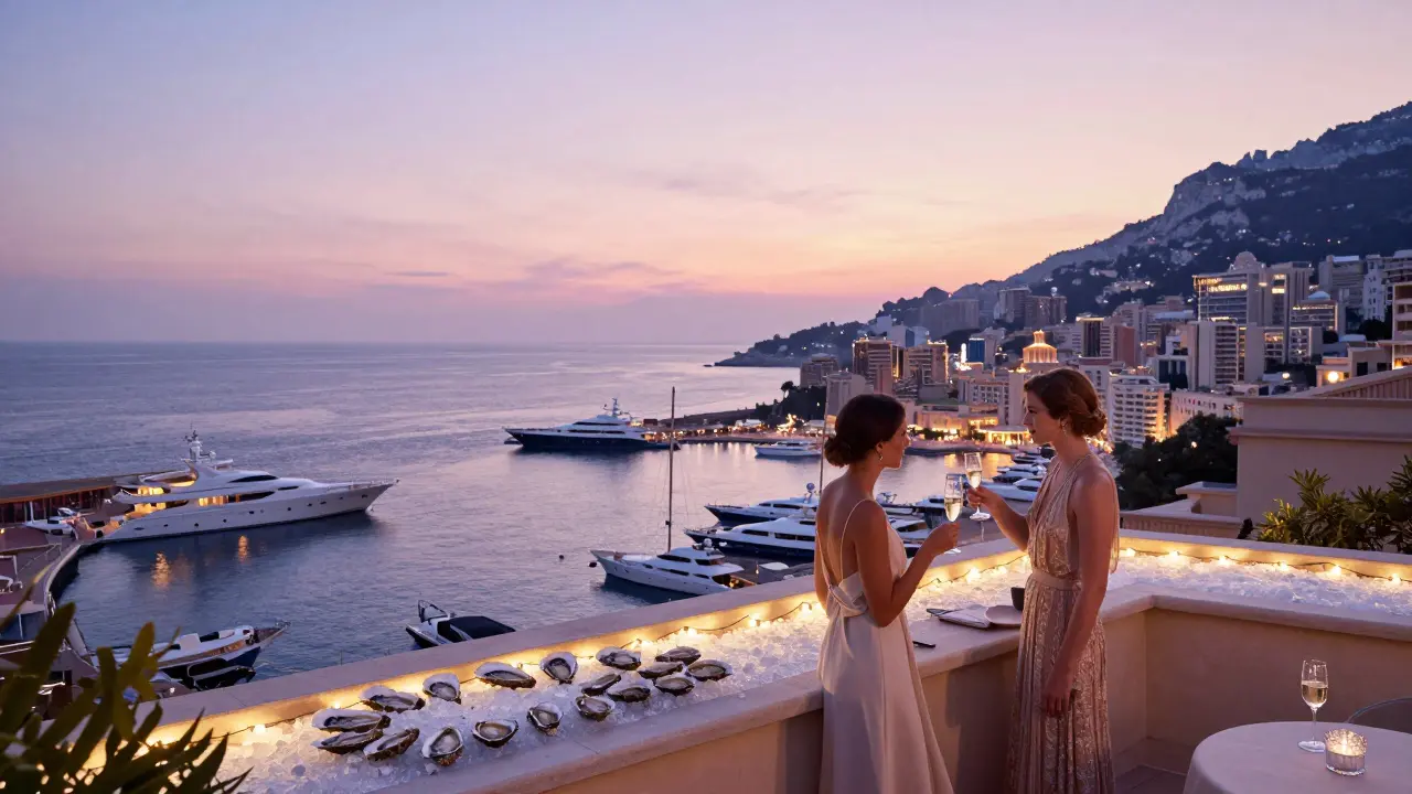 Rooftop bar at dawn with yachts glowing on the harbor, two people toasting in elegant evening wear.