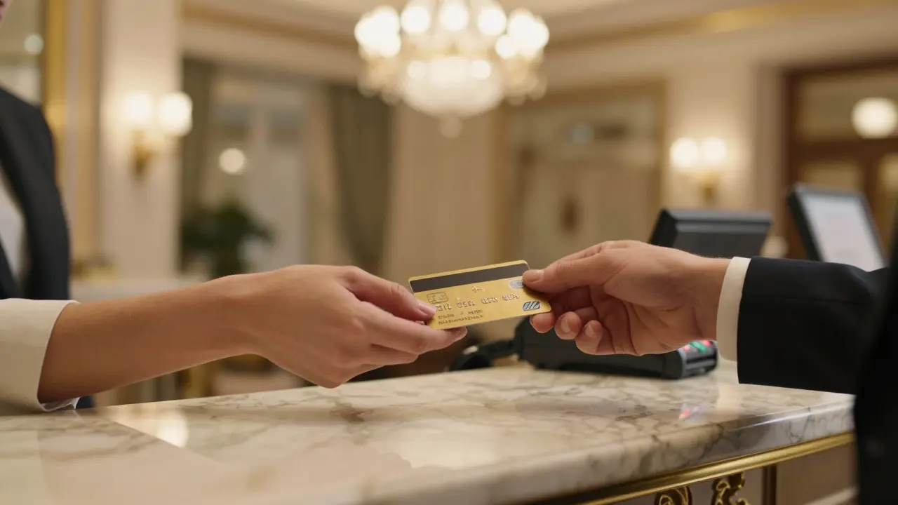 Secure credit card payment at a Paris hotel reception desk