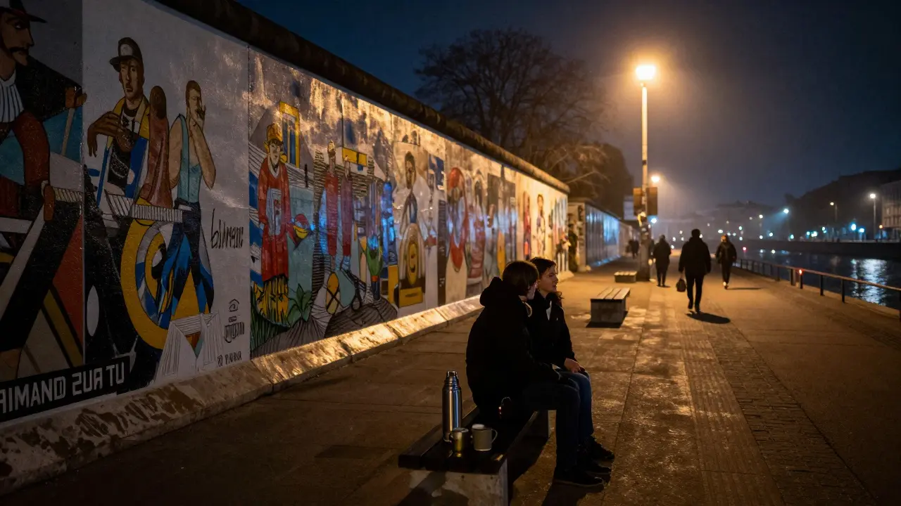 Silhouettes of two people sitting quietly on a bench along the East Side Gallery at night, murals glowing under soft streetlights.