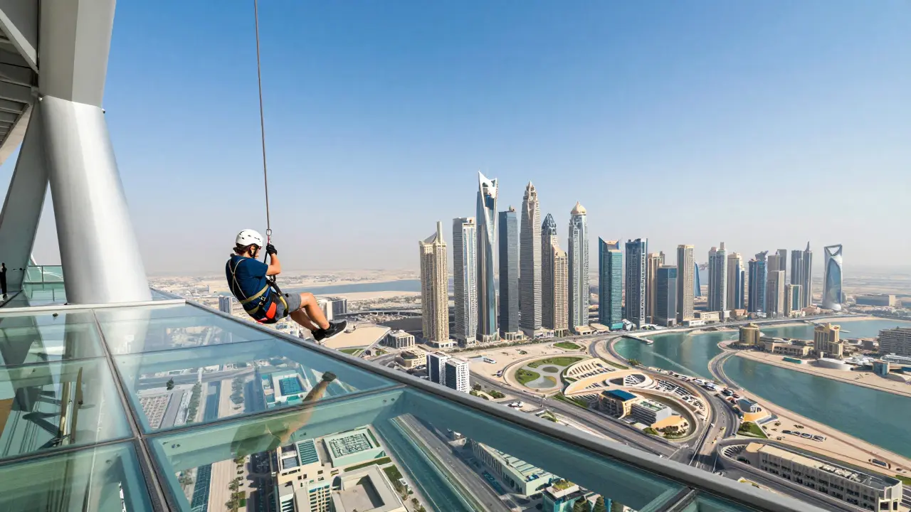 Sky Views Dubai glass slide with panoramic city skyline and glass floor perspective.