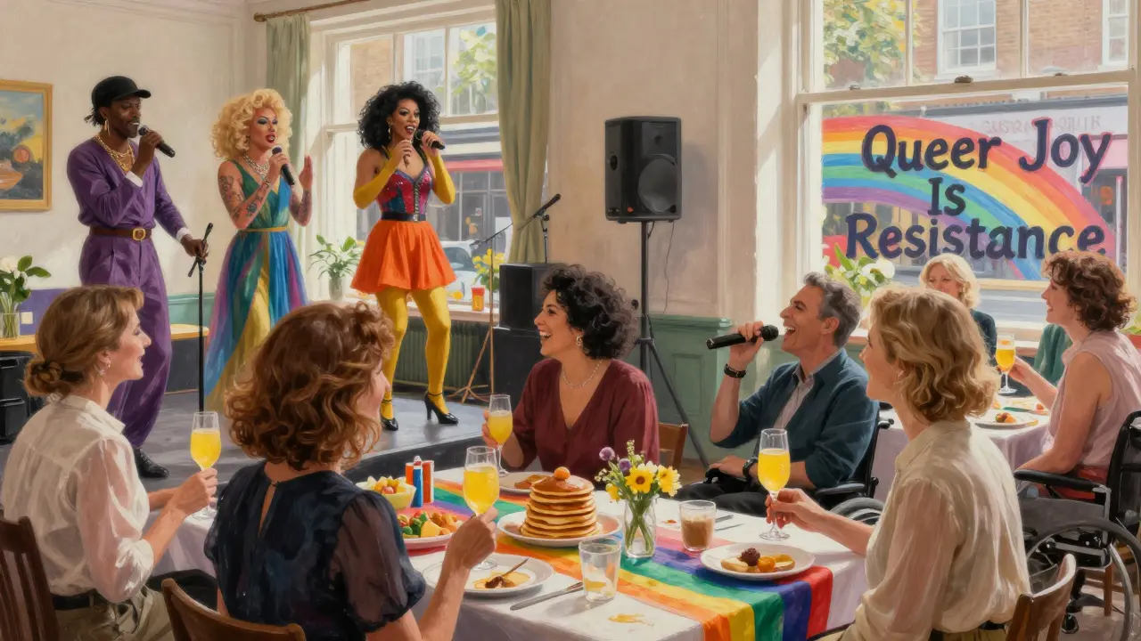 Sunlit queer brunch at The Black Cap with drag performers, mimosas, and joyful patrons of all abilities.