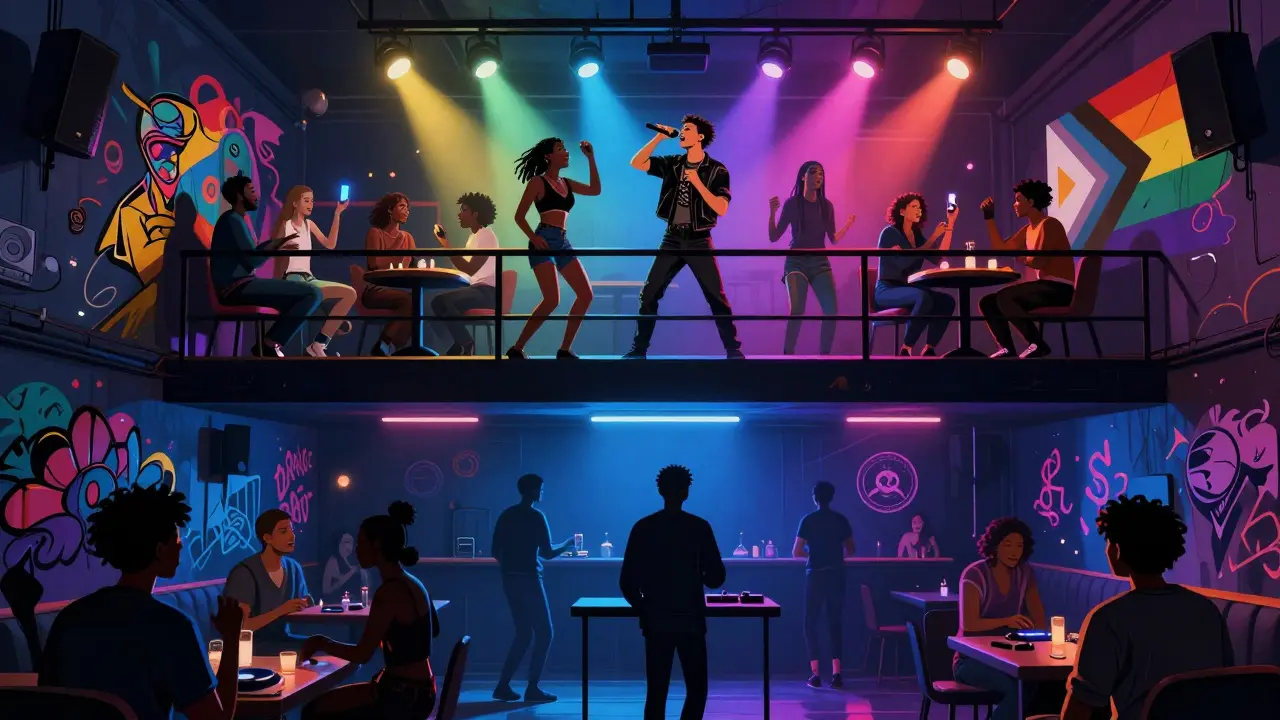 Three-level G-A-Y club interior with dancing crowds, DJs, and queer karaoke under pulsing lights.