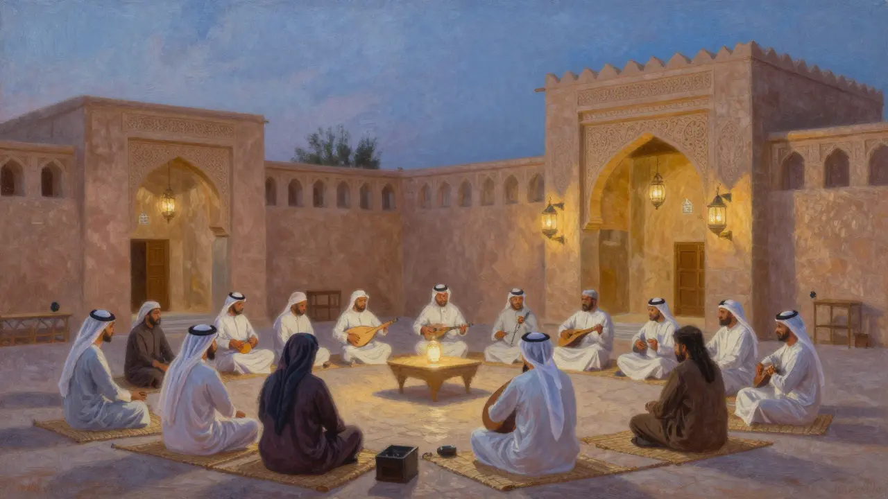 Traditional musicians performing at Qasr Al Hosn courtyard under lantern light, cultural event.