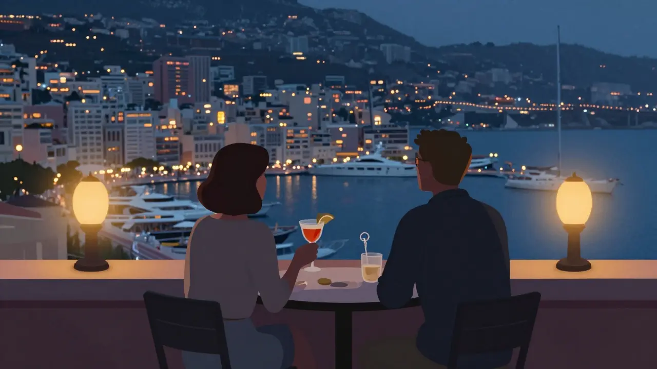 Two guests on a quiet rooftop in Monaco, gazing at the harbor under lantern glow, distant yacht lights twinkling beyond.