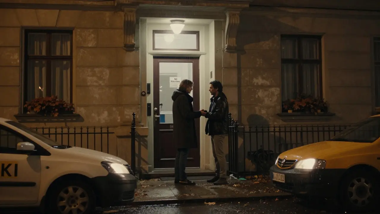 Two individuals parting politely outside a private Berlin rental at night, no transaction visible.