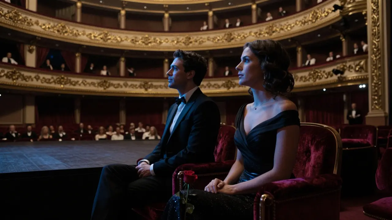 Two people in a private opera box, silently enjoying a performance together.