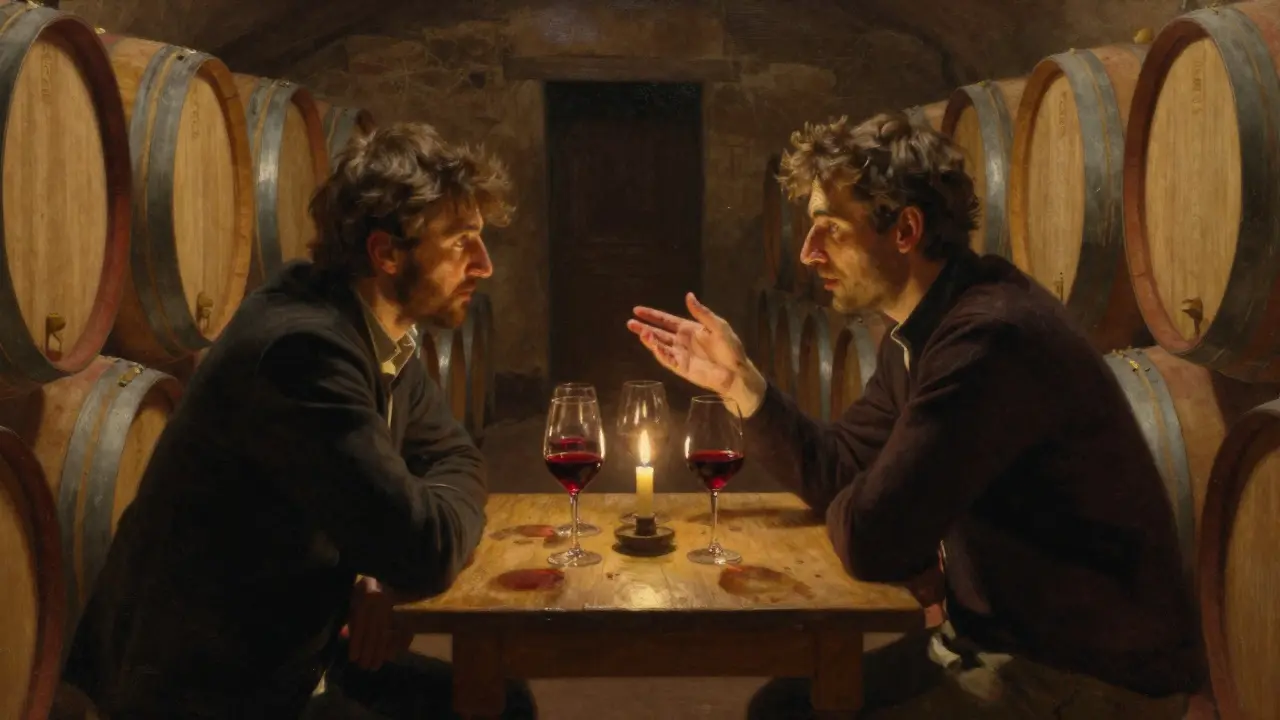Two people share a private wine tasting in a cozy Parisian cellar, candlelight glowing on wine glasses and wooden barrels.