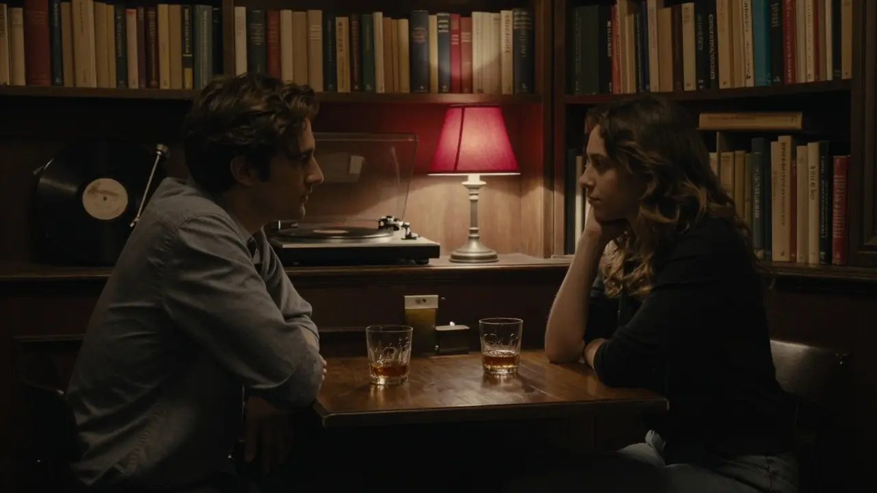 Two people sit in a dim, book-lined Parisian bar, sharing quiet conversation under a red lamp.