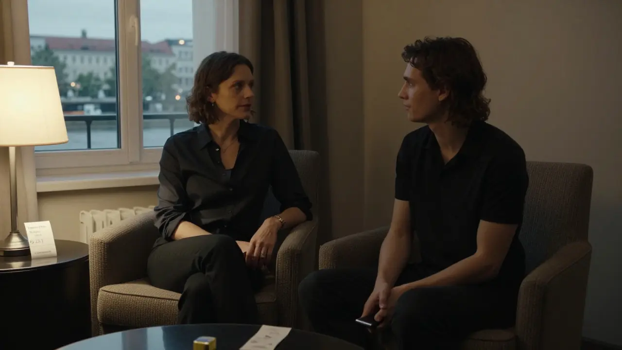 Two people sitting quietly together in a Berlin hotel room, engaged in calm conversation, with a receipt visible on the table.