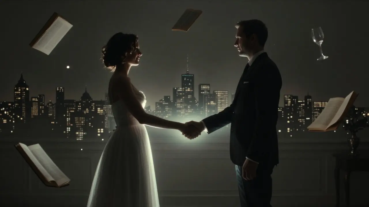 Two silhouettes share a quiet handshake in dim light, surrounded by symbols of conversation and companionship.