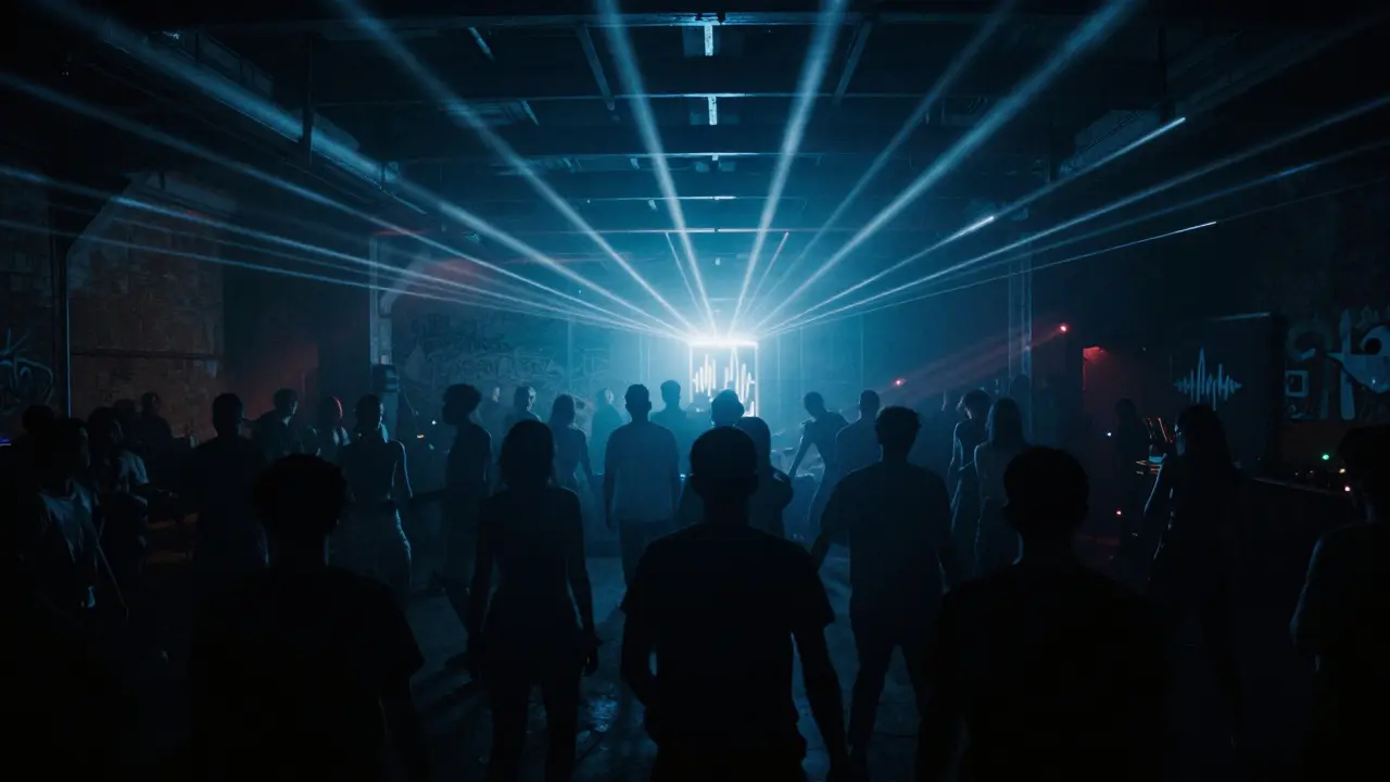 Underground club L’Officina in Porta Romana with dancers in silhouette under pulsing lights, no signs, only sound and atmosphere.