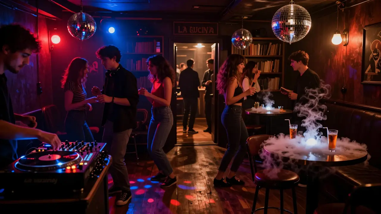 Vibrant underground club in Porta Venezia with dancing crowd, DJ, and hidden bookshelf entrance.