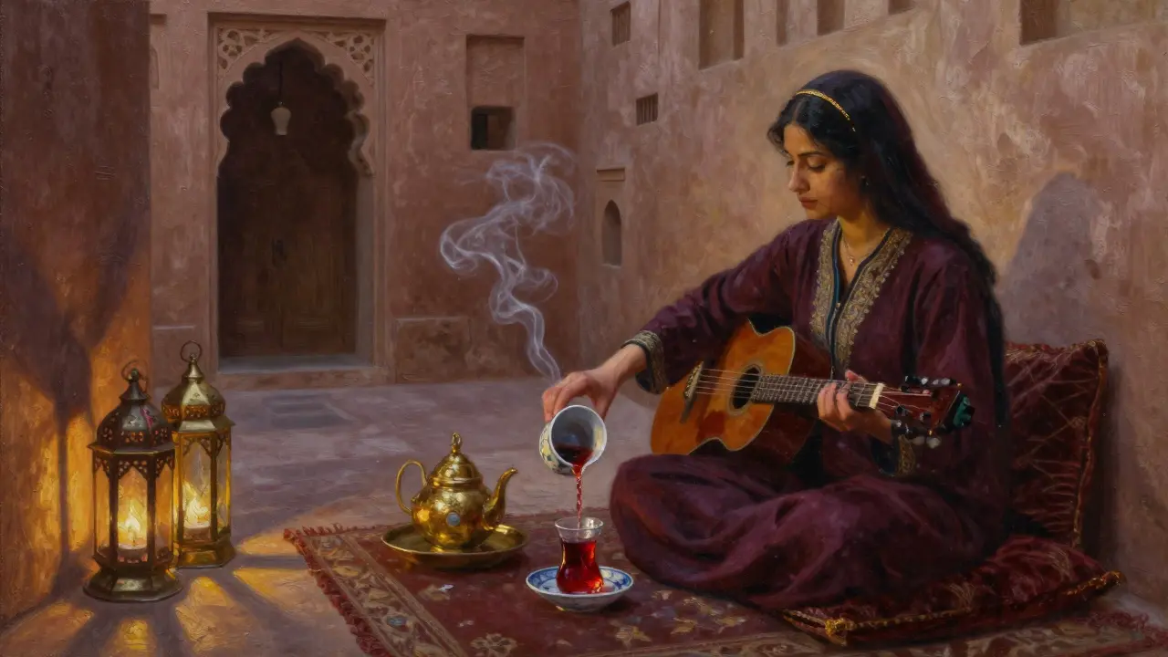 Woman pouring tea in a lantern-lit Old City courtyard, rosewater scent rising in the air, incense smoke curling softly.